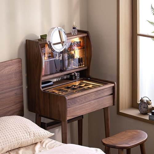 全实木梳妆台北美黑胡桃木小户型复古卧室书桌小型床头化妆桌子