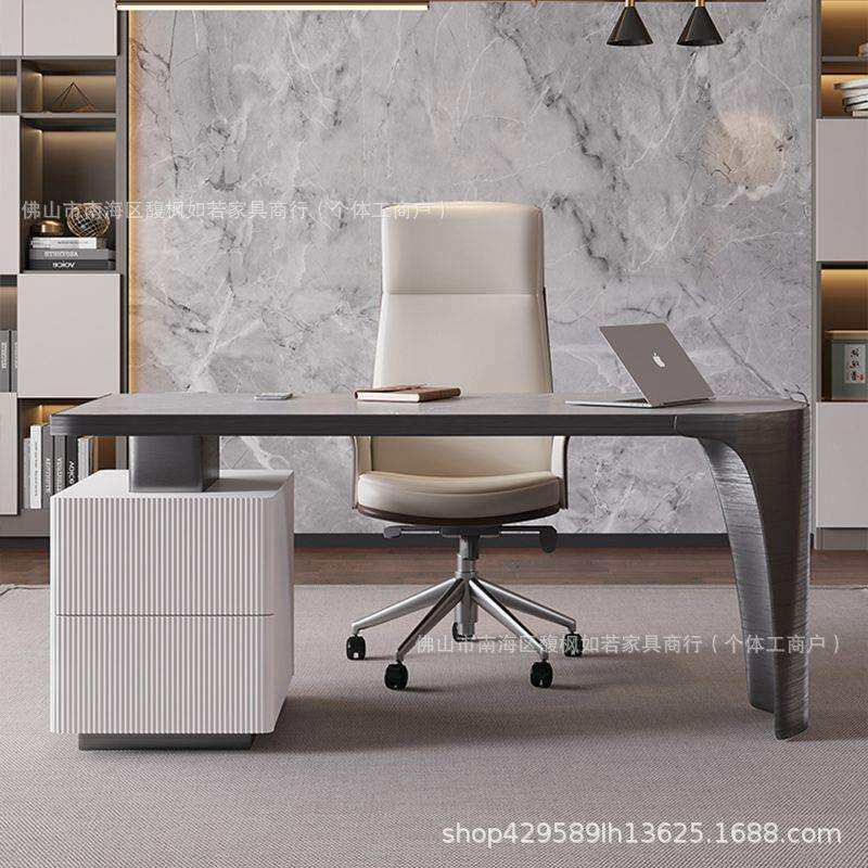 轻奢岩板书桌家用写字台实木办公桌简约现代卧室电脑桌子高端家具