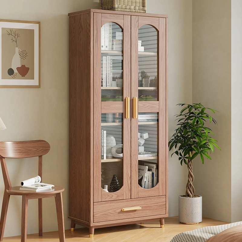 白蜡木书柜落地家用防尘两门书架玻璃门置物架现代简约收纳柜书橱