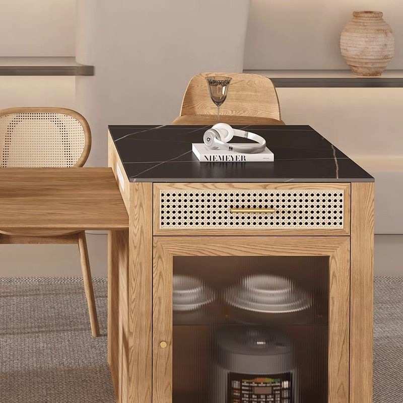 佗寂风岩板岛台餐桌椅一体白蜡木实木餐桌椅子可伸缩储物收纳柜