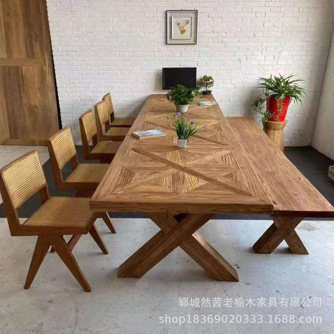 新中式老榆木拼花餐桌小户型多人位泡茶桌实木长方形餐桌椅八仙桌