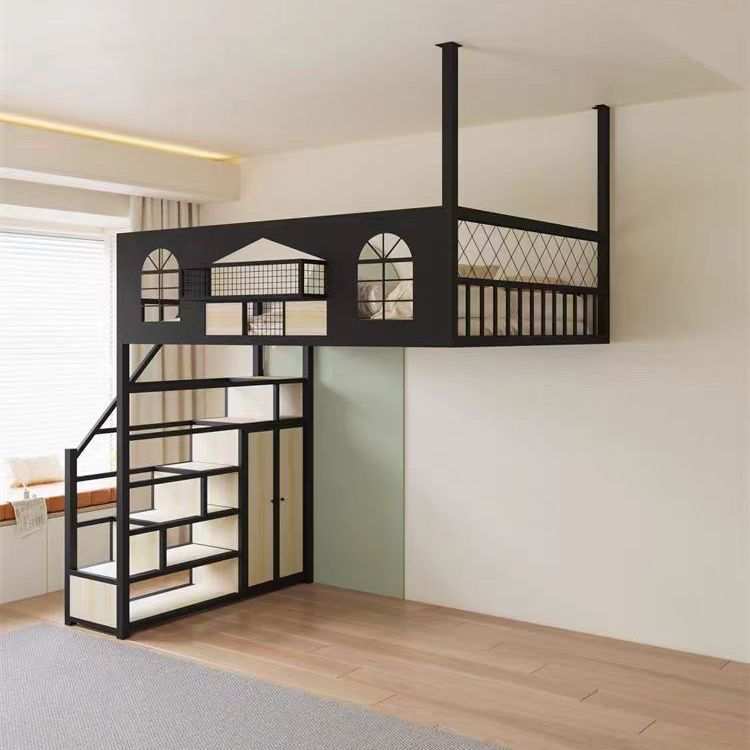 小户型省空间铁艺高架床上床下桌儿童床双层悬挂吊床复试二楼床