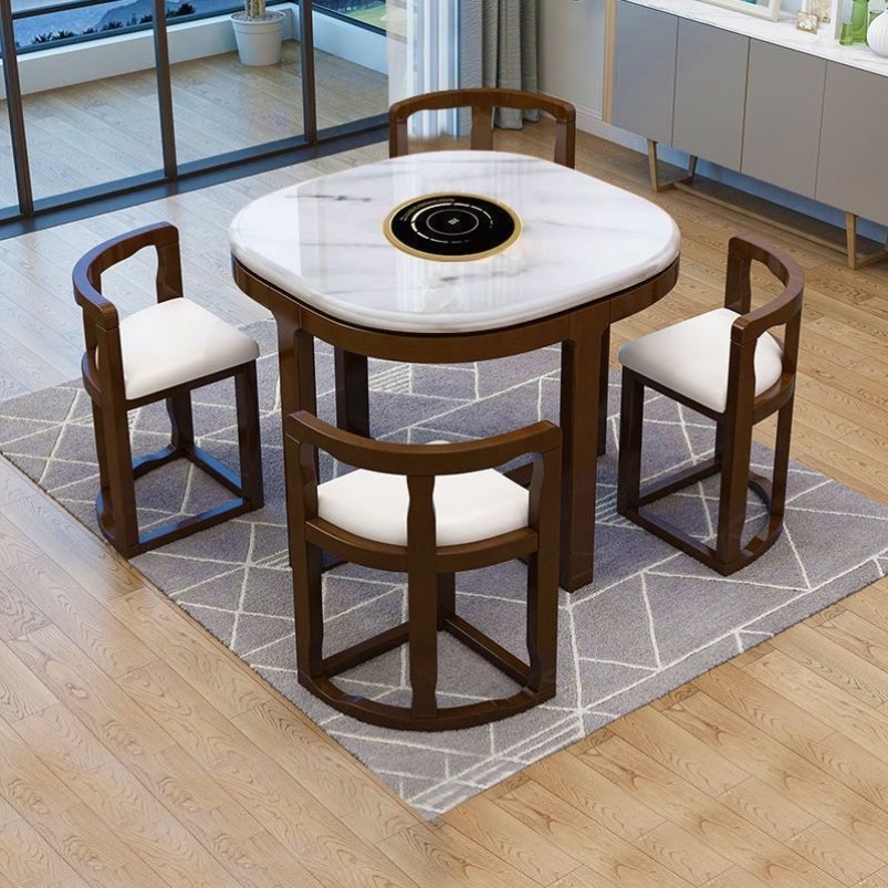 大理石餐桌椅组合现代简约伸缩家用饭桌小L户型家俱实木折叠圆桌