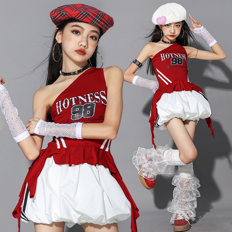 女童红色爵士舞演出服套装图片