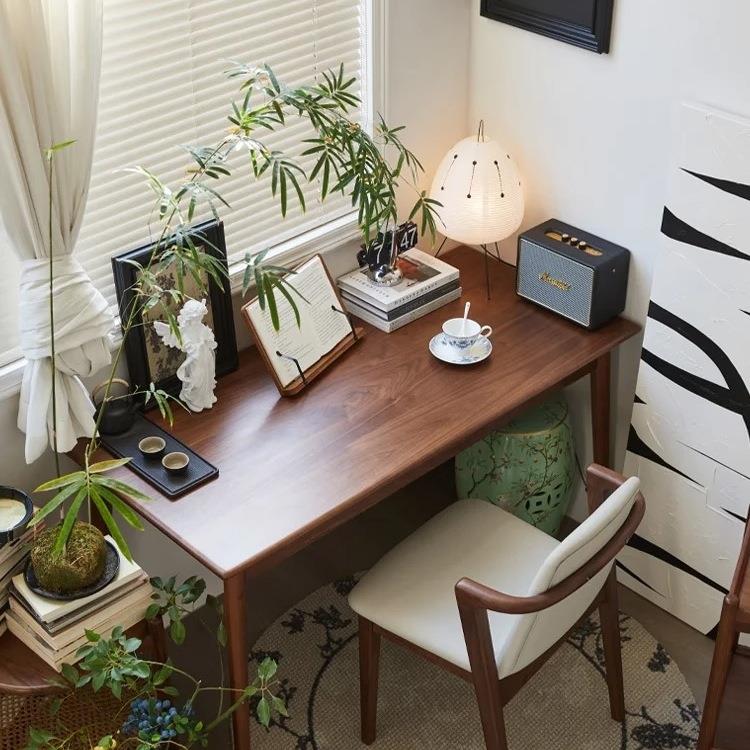 实木书桌子胡桃色复古工作台卧室家用学习写字电脑办公中古风Tω