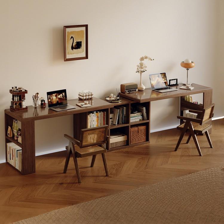 实木双人书桌成人家用学习桌卧室长条桌子收纳柜一体可伸缩电脑桌