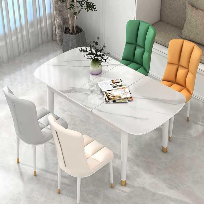 ft奶油风餐桌椅亮光岩板伸缩电磁炉组合白色极简约轻奢实木折叠小