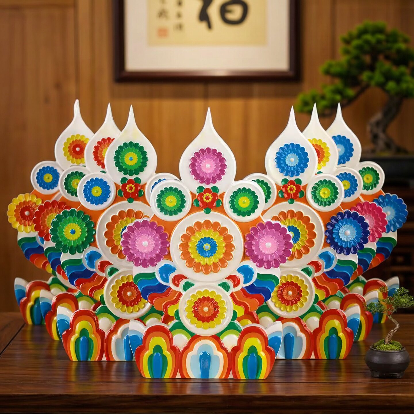 藏式七宝实木彩绘八吉祥朵玛食子花家用佛堂吉祥朵玛供奉摆件一套