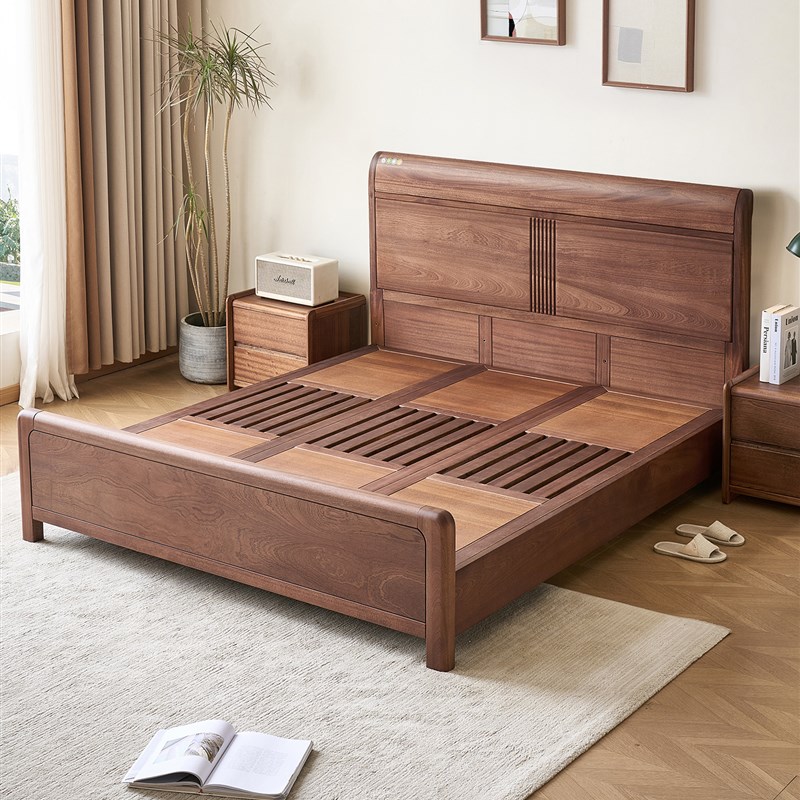 纯实木床北美黑胡桃木高端1米8双人床轻奢现代简约主卧V大婚床A50