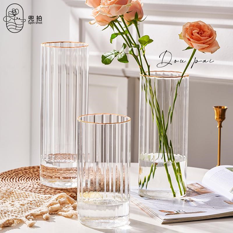 简约现代轻d奢高级感透明玻璃花瓶水养富贵竹百合客厅餐桌插花花