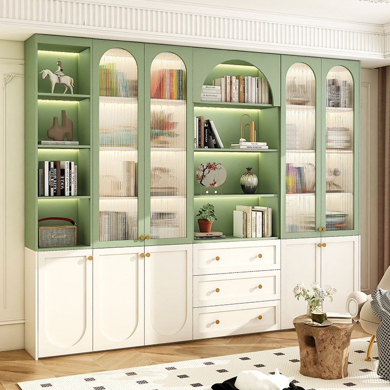 书柜带玻璃门家i用奶油风组合书架一体整墙客厅收纳柜子实木储物