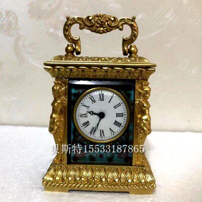 小皮套金色纯铜机械游丝摆轮马车钟把玩仿古董珐琅盘小钟表