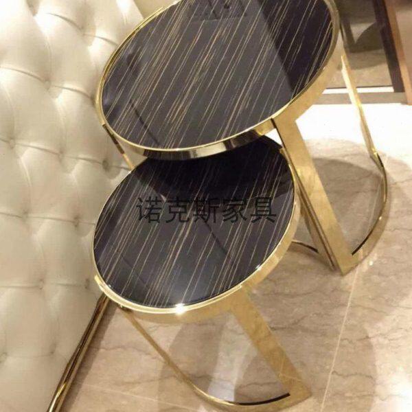后现代不锈钢镀金圆茶几 客厅套几 酒店样板房木面玻璃面茶桌定制