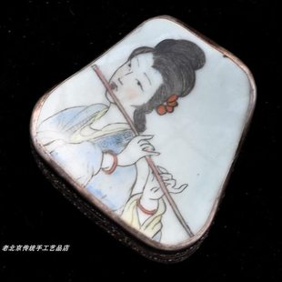 老瓷片盒银锭盒元宝盒胭脂盒首饰盒手工錾刻德银仕女图手工艺老货
