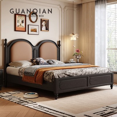 2025新款法式复古风实木床真皮白蜡木储物床P主卧室双人床中古风