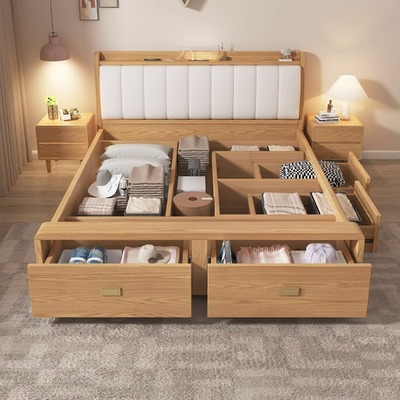 白蜡木1a.8米主卧实木牀1.5米落地高箱牀尾抽屉1.35米气压储物软