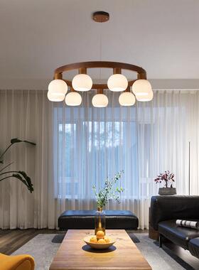 新中桃式客厅木艺吊灯主357灯复古胡E色实木主卧室灯具式日餐厅LD