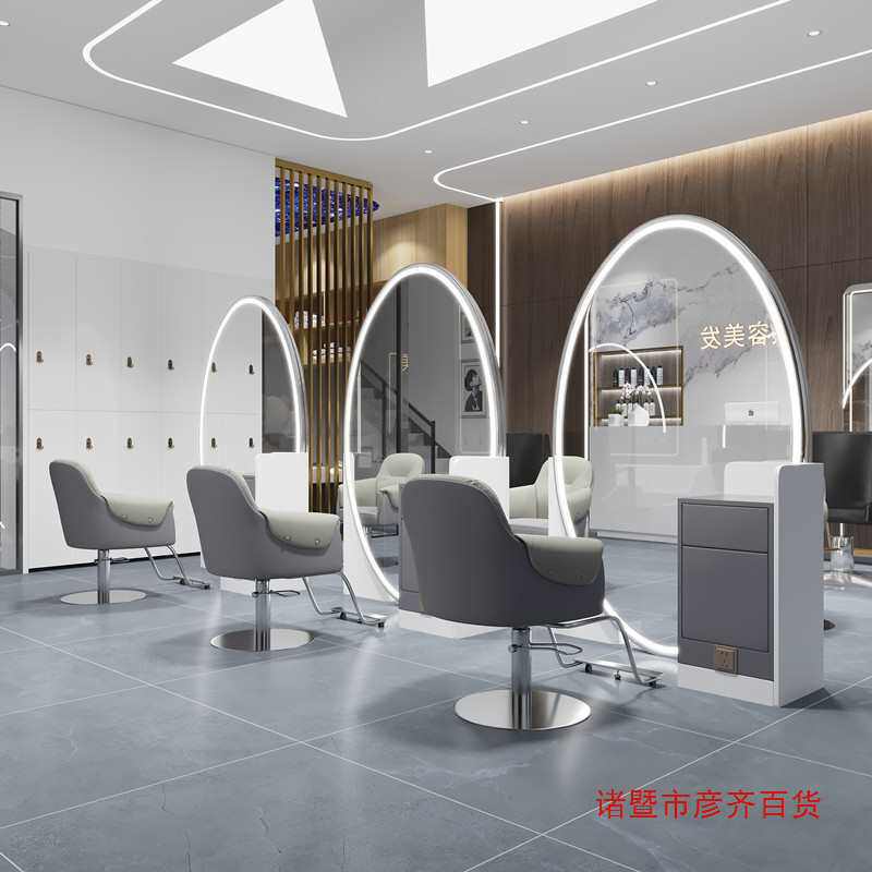 椭圆形双面理发店镜子单面壁挂式发廊美发镜台带灯剪发落地镜