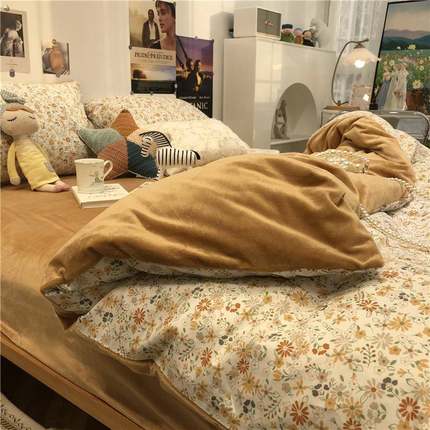 5Z韩式田园小碎花F6HTT68棉加绒四套A套面全棉件纯棉B面V宝宝绒被