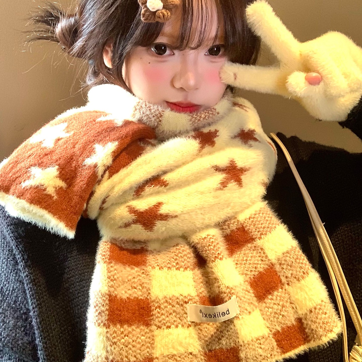黄色格子星星毛绒针织围巾女秋冬季韩系软糯加厚保暖防寒护颈围脖