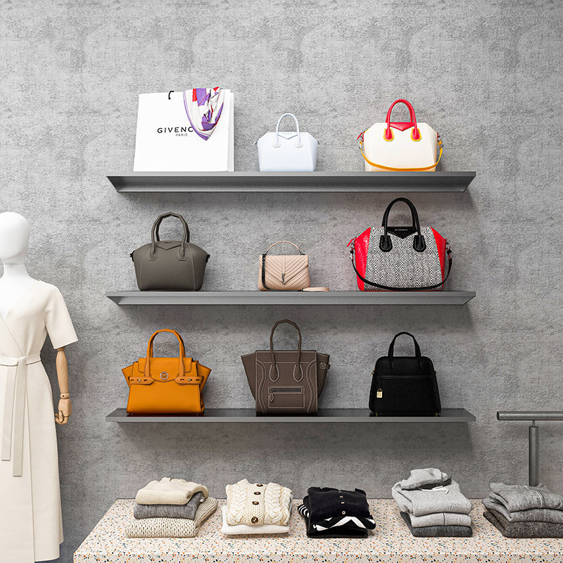服装店多层展示架l鞋架包架不锈钢墙上置物架一字板鞋包饰品陈列