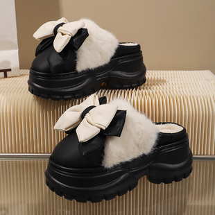 高颜值棉拖鞋女款冬季厚底s7cm高跟外穿时尚PU皮防水加绒保暖拖鞋