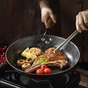 老式平底煎锅无涂层家用生铁v铸铁锅炒锅专用牛排蛋饼煎盘龟纹铁