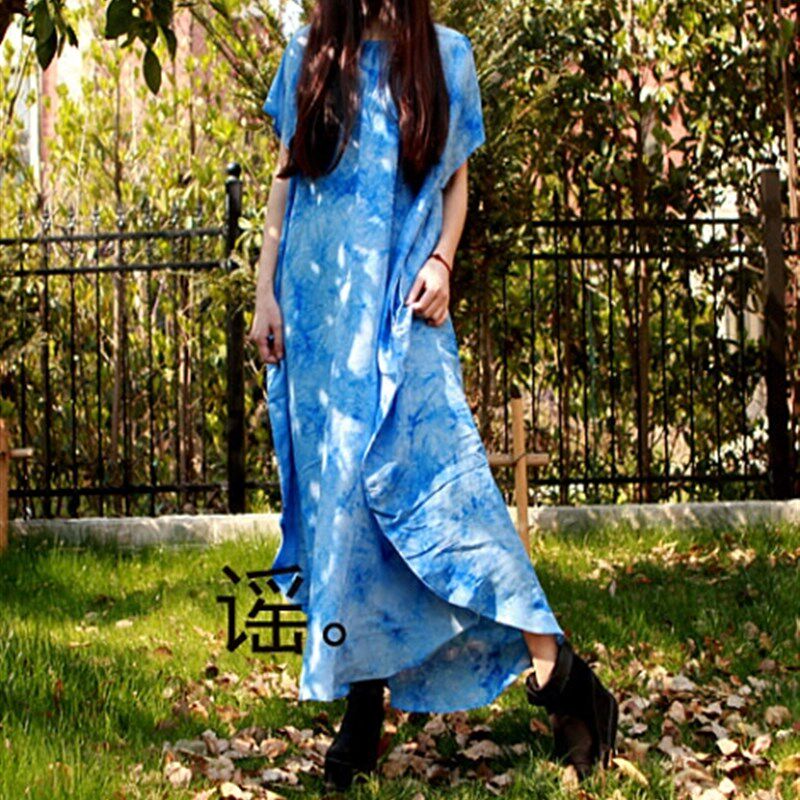 此岸歌声*蓝色扎染s棉绸大袍子 沉鱼(特特惠)
