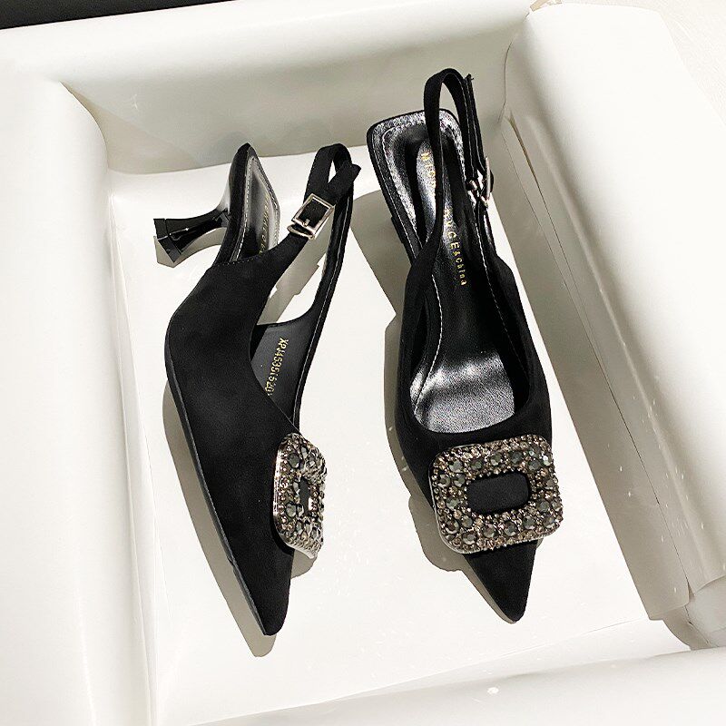 尖头细跟绒面黑色水钻高跟鞋女2025年春秋新款软底U通勤工作鞋单