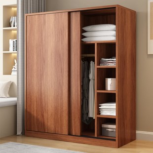 中古风衣柜家用卧室推拉门实木出租房用收纳储物柜小户型简易衣橱