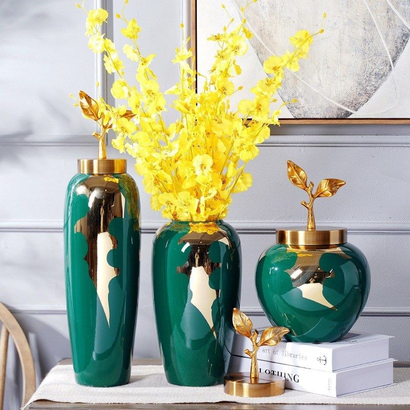 欧式手工落地大花瓶酒店大厅w简约饰品花艺摆件优雅家居鎏金三件