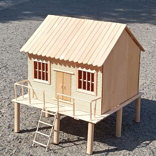 建筑模型雪糕木棒手工作业制作吊B脚楼杆干栏式建筑民居河姆渡房