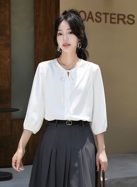 小个子蝴蝶结系带雪纺白衬衫女2024夏季新款抗皱S免烫七分中袖衬