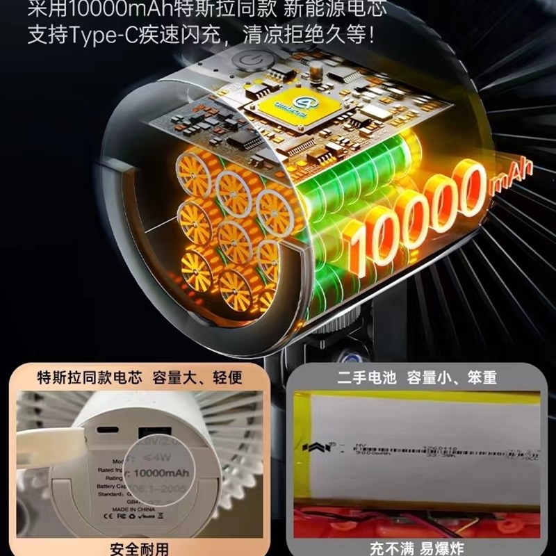 户外露营风扇充电款超长续航可携式带照明灯移动野营电风扇帐篷吊