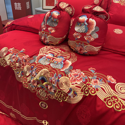 高端140支匹马棉四件套10w0全棉婚庆结婚鸳鸯戏水刺绣被套新婚床