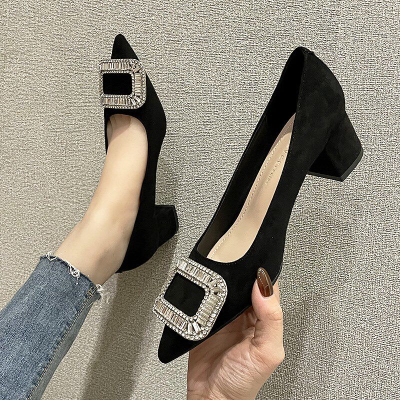 百搭粗跟黑色高跟鞋m女2024年秋冬新款尖头浅口水钻低跟单鞋不累