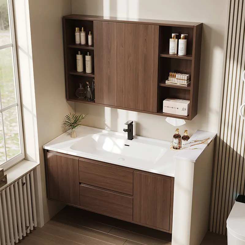 78/85/88/95/98/108/115/118cm胡桃木风水镜浴室柜陶瓷一体盆