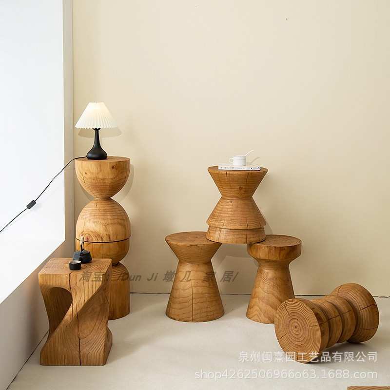 原木几何墩几/实木墩子边几民宿酒店凳子服装店花架摆件矮凳角几