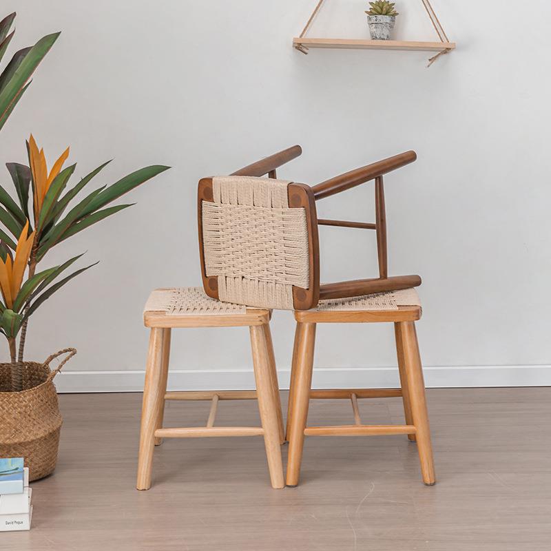 北欧实木方凳简约现代胡桃木编制梳妆凳复古实木客厅茶桌绳编方凳