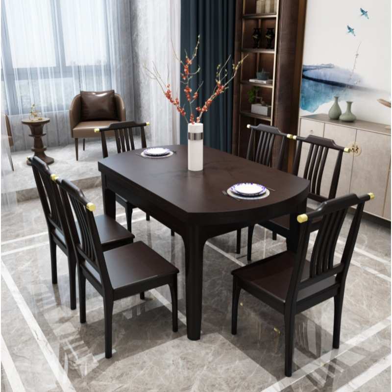 新中式餐桌实木方桌可伸缩实木餐桌椅圆桌简约中式餐桌椅组合6椅
