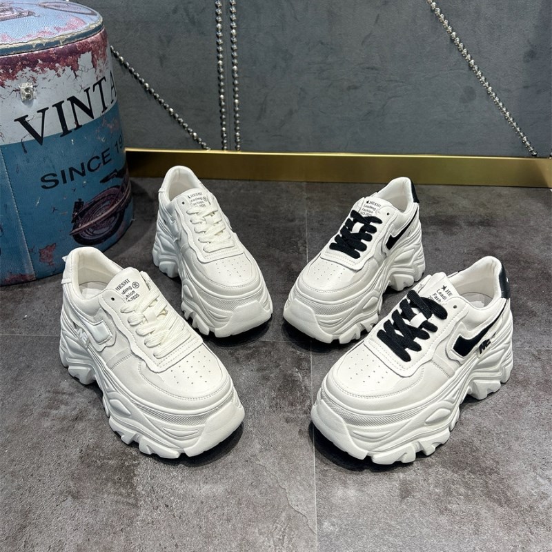 松糕鞋女真皮厚底小白鞋2023秋季新款透气时尚圆头系带女鞋老爹鞋