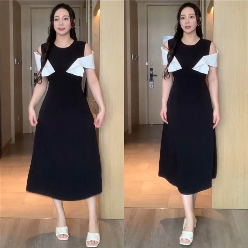 【欣怡微胖定制】夏季撞色连衣裙女韩版收腰显瘦气质裙X623Q00352