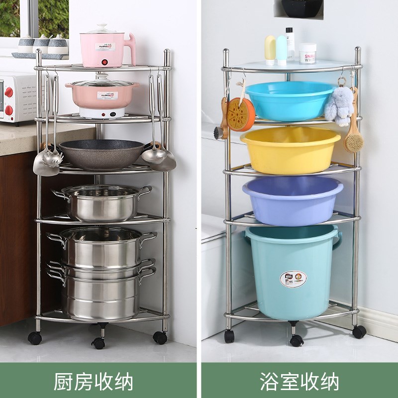 不锈钢置物架落地j多层收纳架厨房锅架脸盆架三角架隔层多功能新