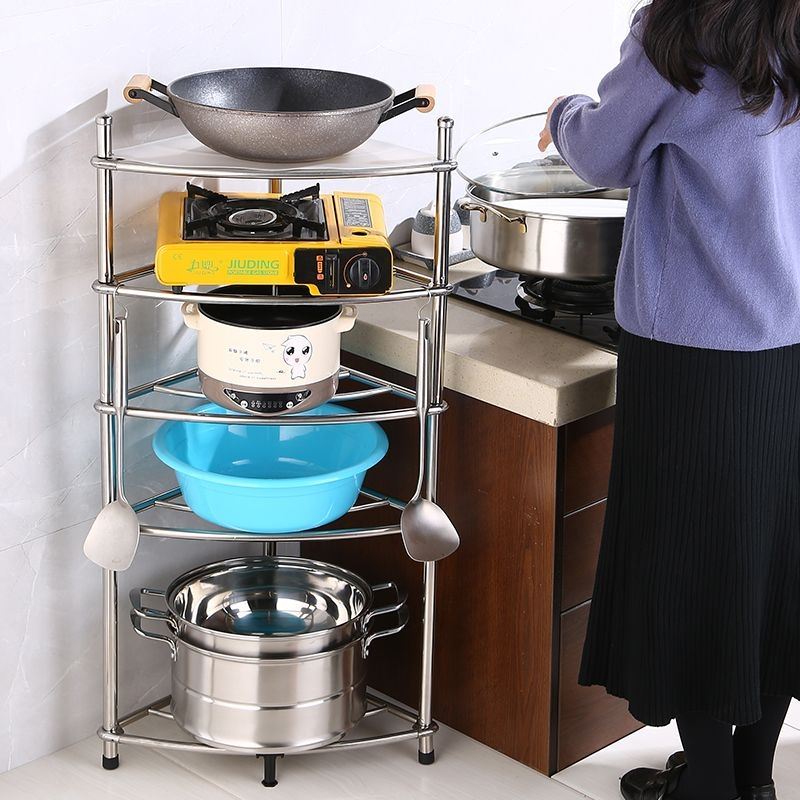 1-8层厨房置物架落地收纳架加厚不锈钢三角架卫S生间脸盆架放锅架