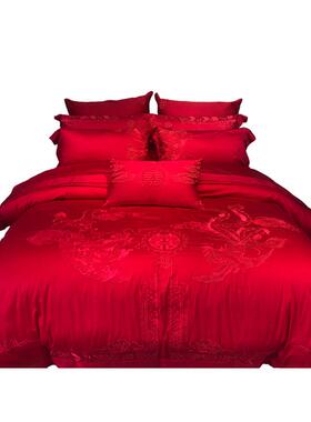 AL510婚支匹马棉刺绣四件套大F8MT9JH4红色婚庆龙凤结被套新婚床
