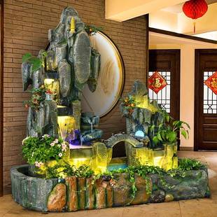 PWS大型落假山流水喷泉风水室轮鱼缸客厅花内摆件鱼池造景地园庭
