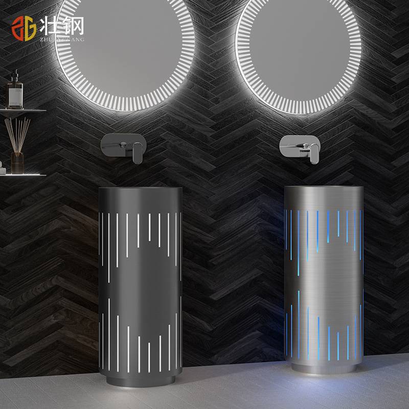 新款高档不锈钢洗手台盆户外庭院带灯创意立柱盆酒吧卫生间洗手池