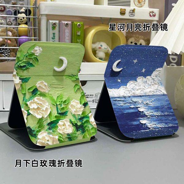 油画玫瑰折叠镜桌面台式学生宿舍女生随身便携梳妆家用化妆小镜,家庭/个人清洁工具,随身化妆镜,淘宝优惠券,粉丝福利购,淘宝优惠卷