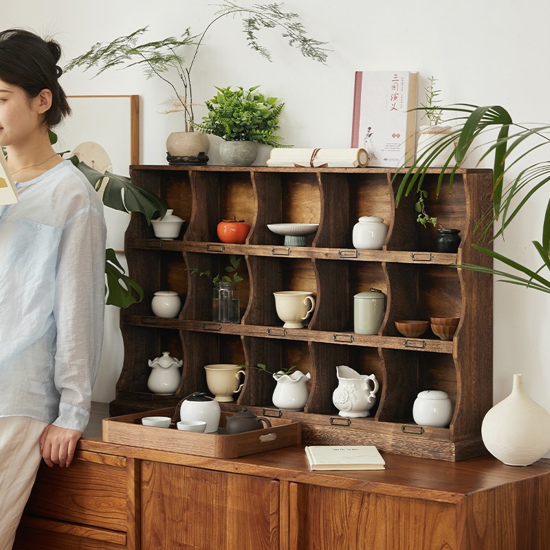 复古实木桌面置物架杯p架做旧多宝阁收纳架展示架格子柜可挂墙整