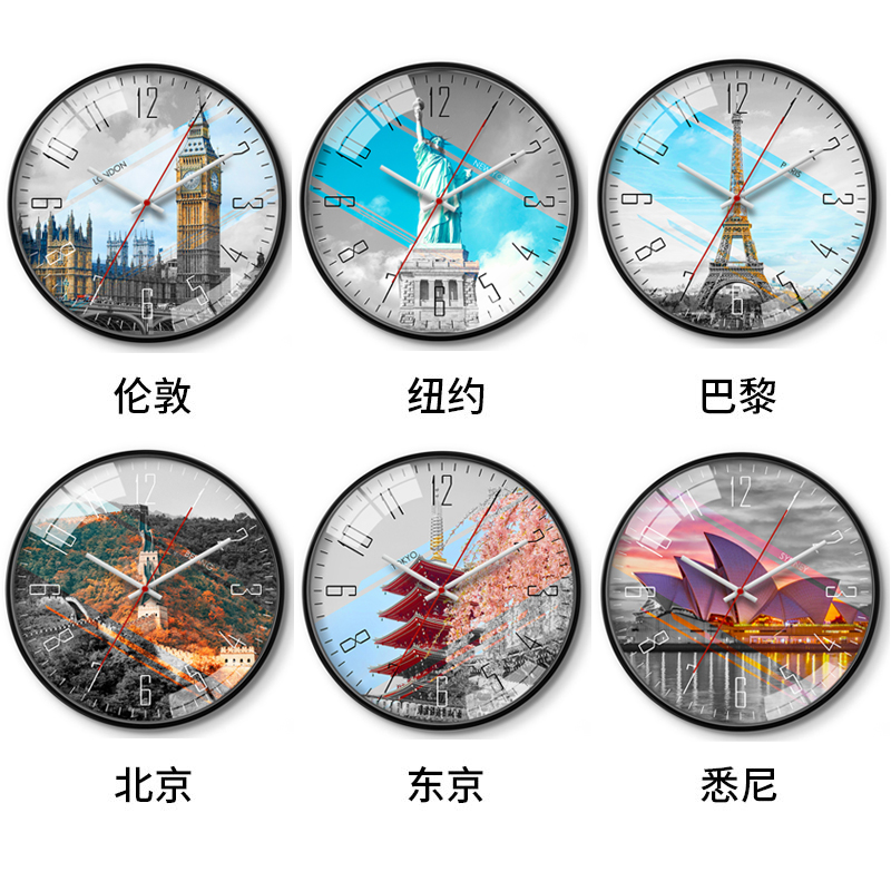 酒店宾馆b旅社大堂前台世界地名时区欧式复古挂钟静音现代简约钟